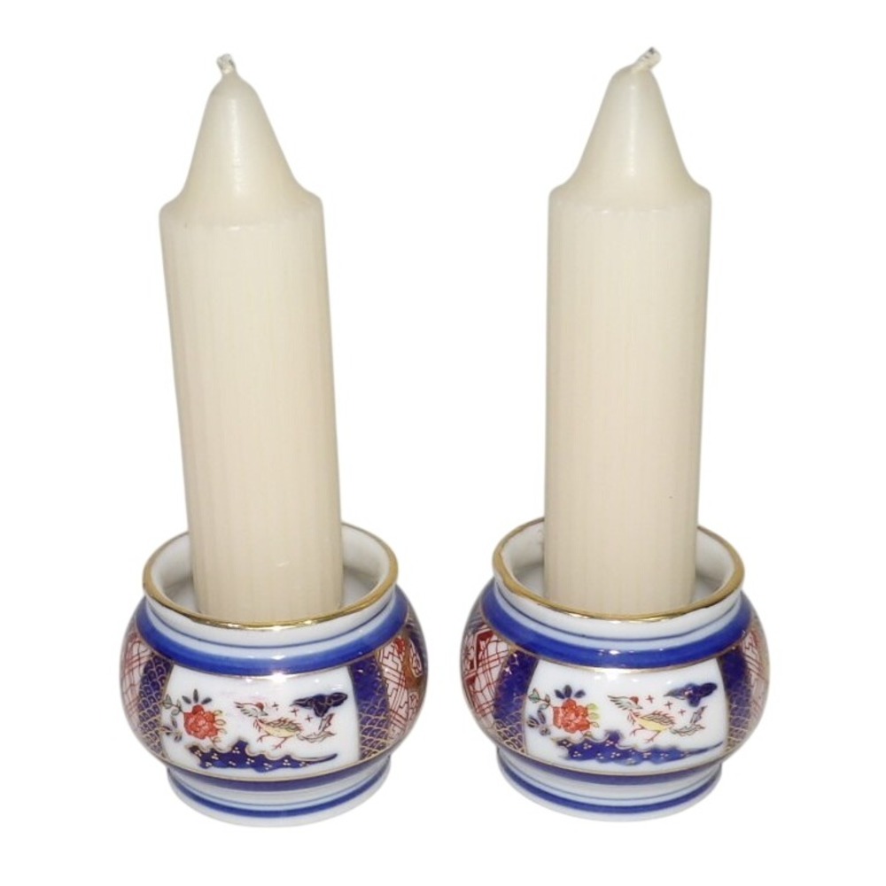 Vintage Kutani China Kosen Candlestick Holders Japan Imari Blue Red Gold Set 4